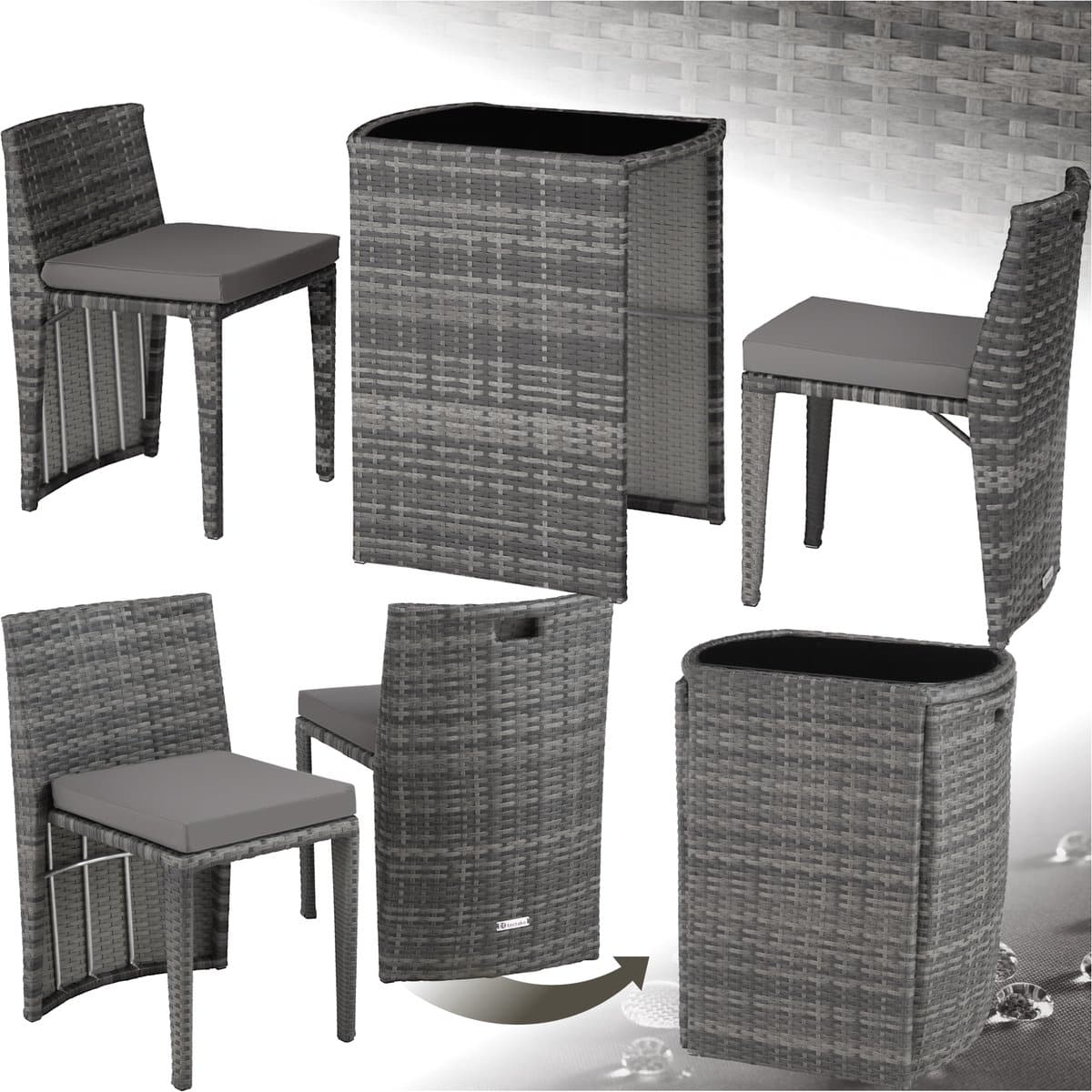 tectake® wicker bistroset, ruimtebesparend in elkaar te schuiven