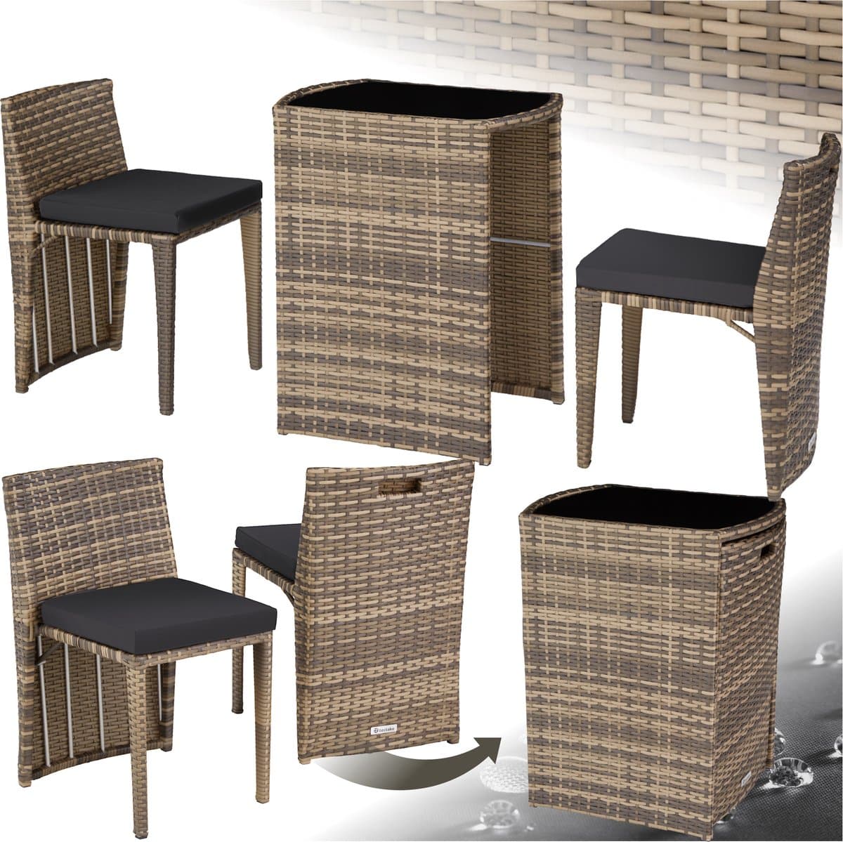 tectake® wicker bistroset, ruimtebesparend in elkaar te schuiven