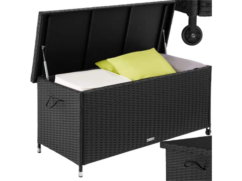tectake® Wicker opbergbox - Outdoor kussenbox - Uitneembare binnenzak en cijferslot - Weerbestendig en afsluitbaar met deksel - Verrijdbaar - Inclusief 2 handgrepen, 2 wielen en gasveren - Inhoud 270 l - Afmeting (LxBxH) 121 x 56 x 60 cm - Zwart