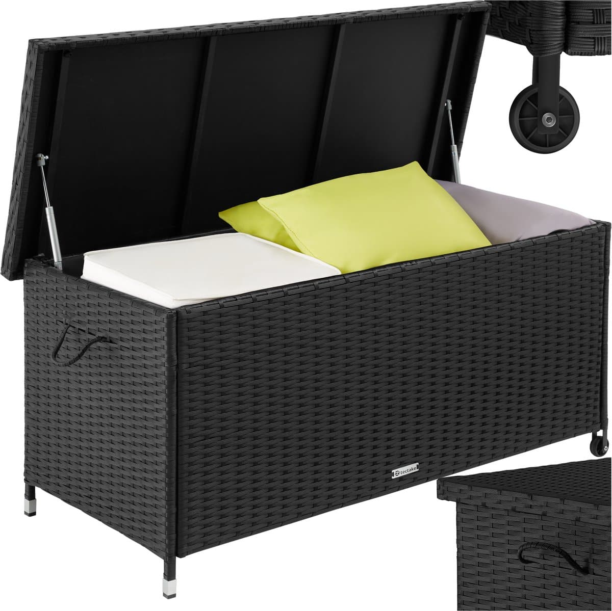 tectake® wicker opbergbox outdoor kussenbox uitneembare binnenzak en cijferslot weerbestendig en afsluitbaar met deksel verrijdbaar inclusief 2 handgrepen, 2 wielen en gasveren inhoud 270 l afmeting (lxbxh) 121 x 56 x 60 cm zwart