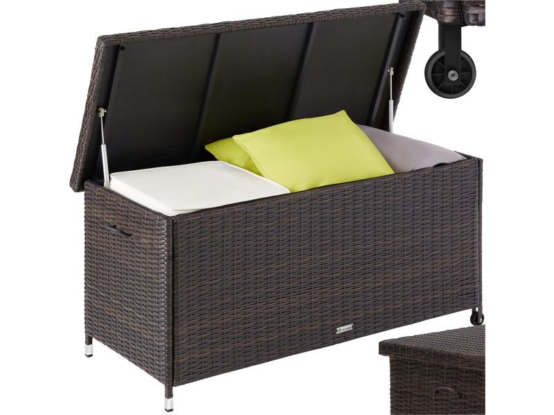 tectake® Wicker opbergbox - Outdoor kussenbox - Uitneembare binnenzak en cijferslot - Weerbestendig en afsluitbaar met deksel - Verrijdbaar - Inclusief 2 handgrepen, 2 wielen en gasveren - Inhoud 270 l - Afmeting (LxBxH) 121 x 56 x 60 cm - Bruin