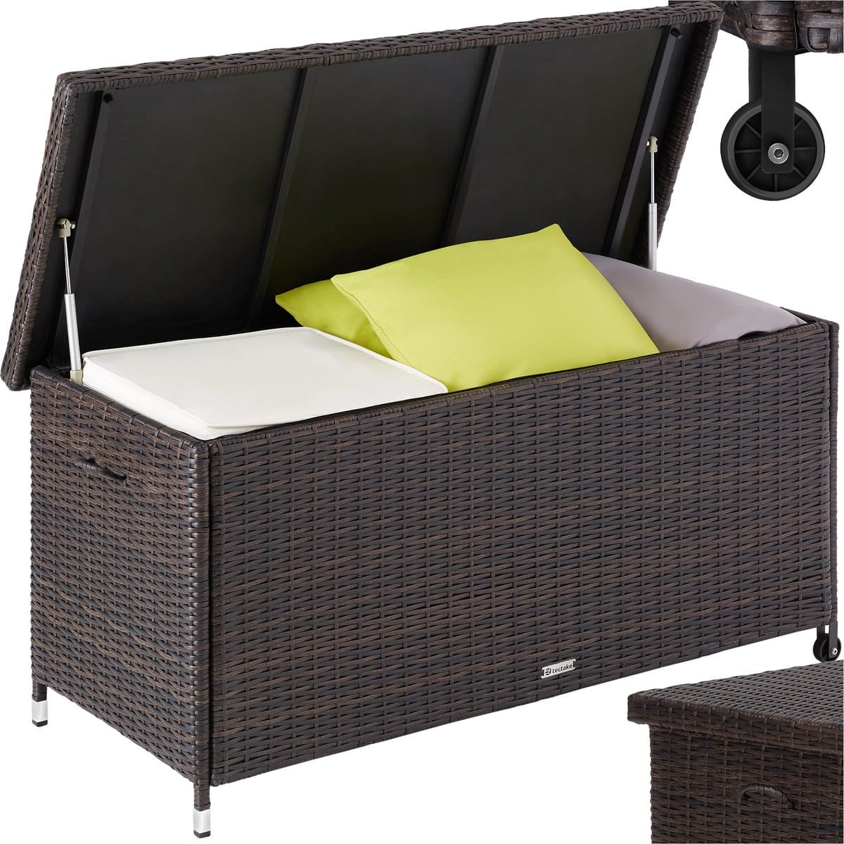 tectake® wicker opbergbox outdoor kussenbox uitneembare binnenzak en cijferslot weerbestendig en afsluitbaar met deksel verrijdbaar inclusief 2 handgrepen, 2 wielen en gasveren inhoud 270 l afmeting (lxbxh) 121 x 56 x 60 cm bruin