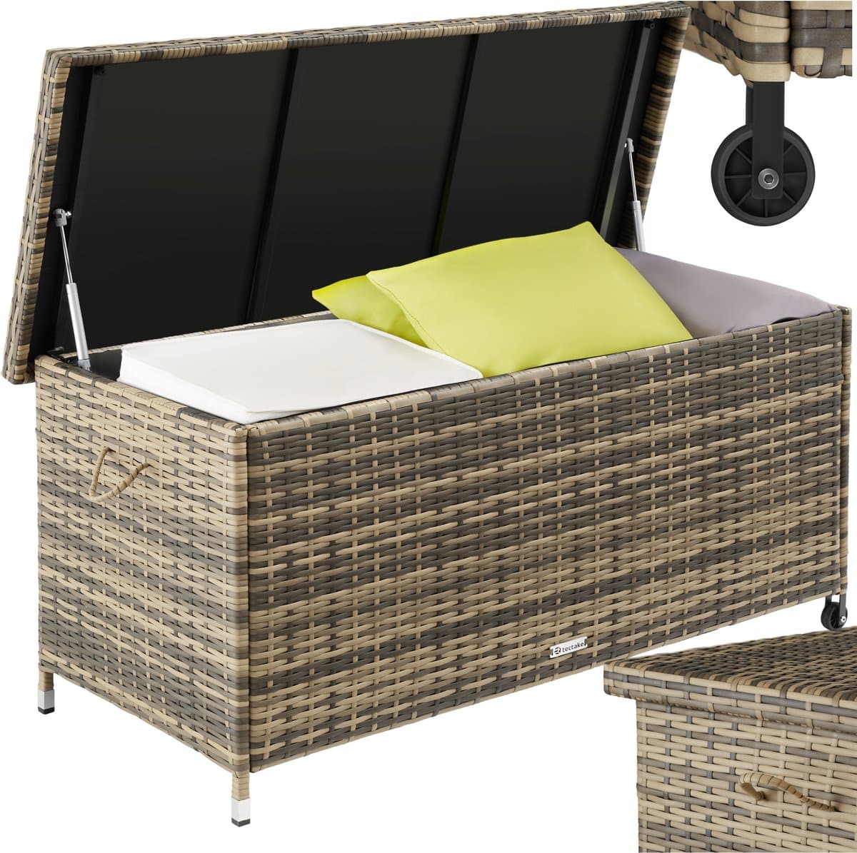 tectake® wicker opbergbox outdoor kussenbox uitneembare binnenzak en cijferslot weerbestendig en afsluitbaar met deksel verrijdbaar inclusief 2 handgrepen, 2 wielen en gasveren inhoud 270 l afmeting (lxbxh) 121 x 56 x 60 cm beige