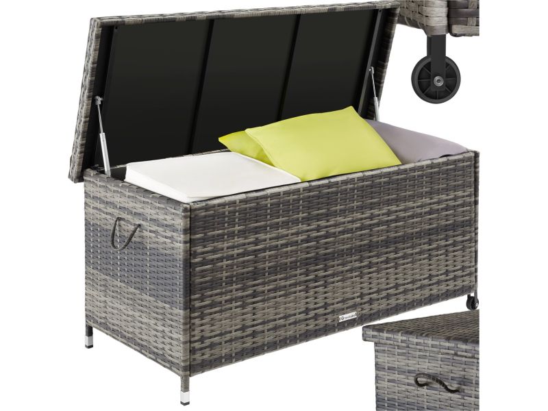 tectake® Wicker opbergbox - Outdoor kussenbox - Uitneembare binnenzak en cijferslot - Weerbestendig en afsluitbaar met deksel - Verrijdbaar - Inclusief 2 handgrepen, 2 wielen en gasveren - Inhoud 270 l - Afmeting (LxBxH) 121 x 56 x 60 cm - Grijs