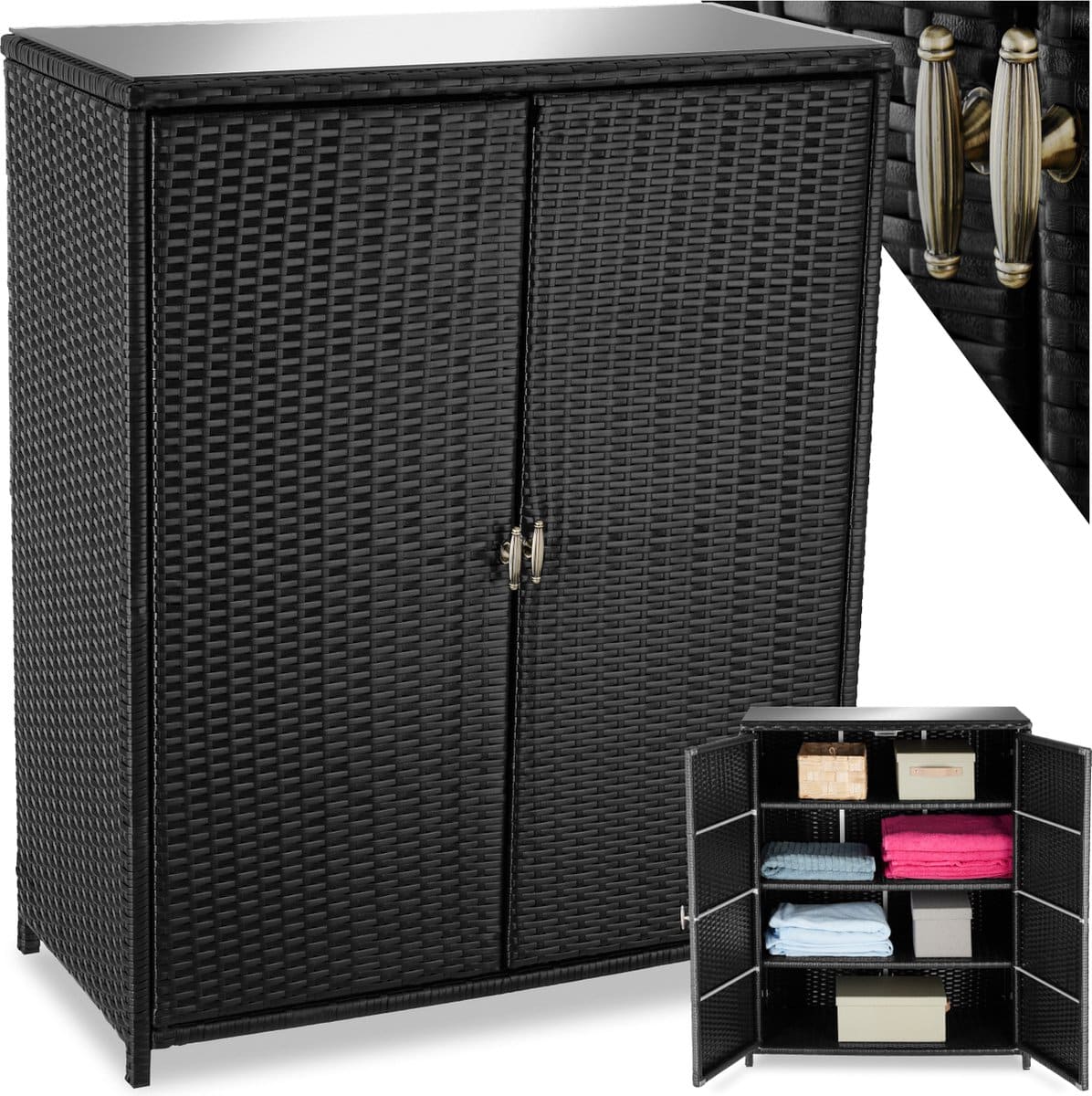 tectake® wicker tuinkast buitenkast opbergbox of kussenbox met verstelbare planken en glasplaat terraskast voor buitenkeuken balkonkast 84,5 x 40,5 x 103,5 cm kunststof tuinkasten voor buiten