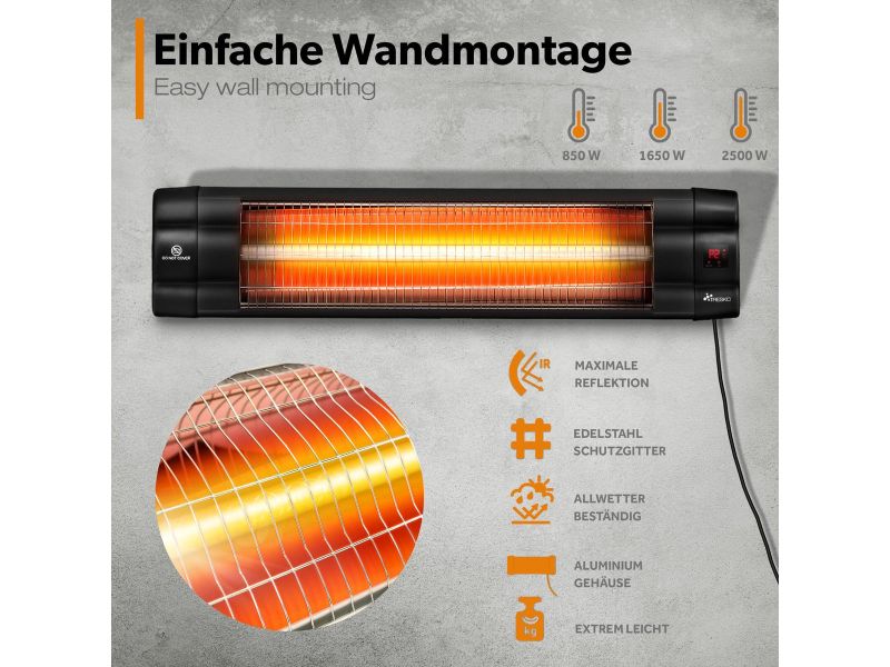 TRESKO Warmtestraler Zwart 2500W infrarood muurheater terrasverwarmer warmtestraler