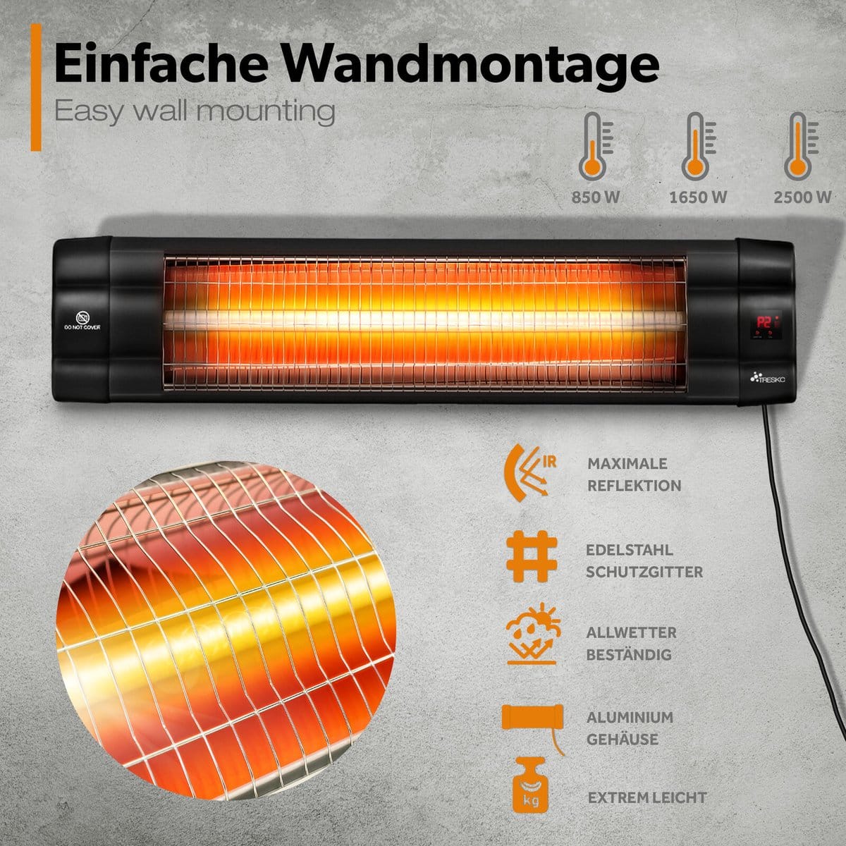 tresko warmtestraler zwart 2500w infrarood muurheater terrasverwarmer warmtestraler