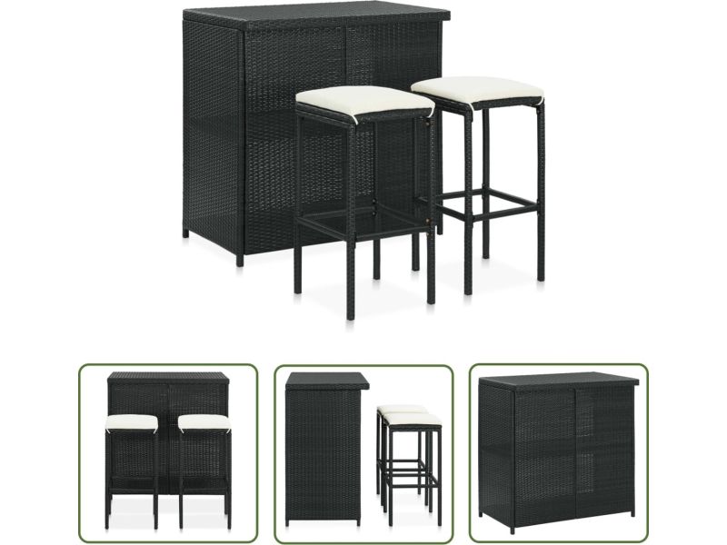 vidaXL Bistroset - Barset - 3-delige Barset poly rattan zwart
