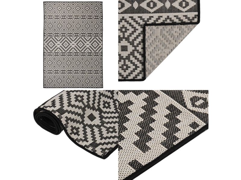 vidaXL Buitenkleed met patroon platgeweven 160x230 cm zwart - Buitenkleed - Buitenkleden - Tuinkleed - Platgeweven Buitenkleed