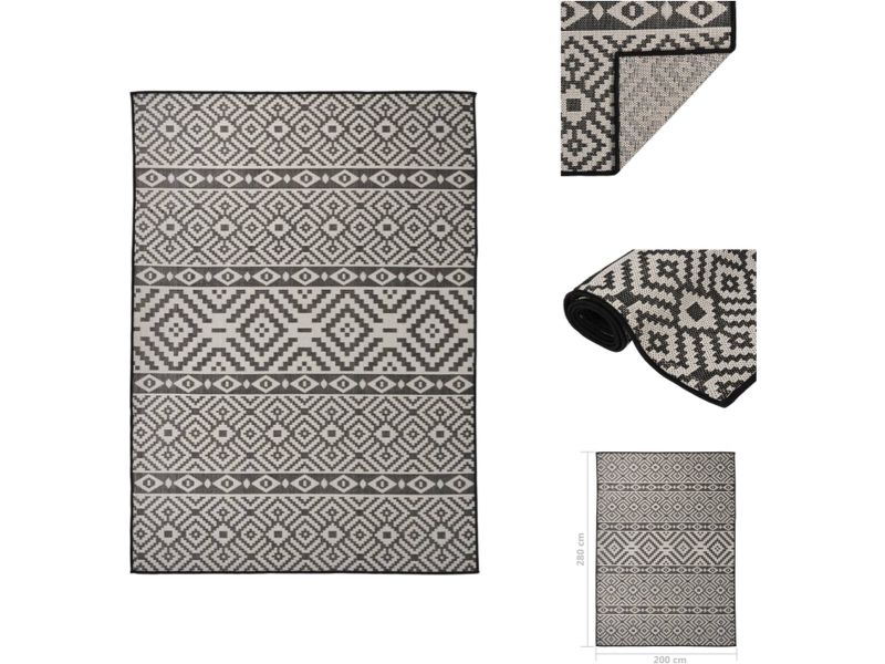 vidaXL Buitenkleed met patroon platgeweven 200x280 cm zwart - Buitenkleed - Buitenkleden - Tuinkleed - Platgeweven Buitenkleed