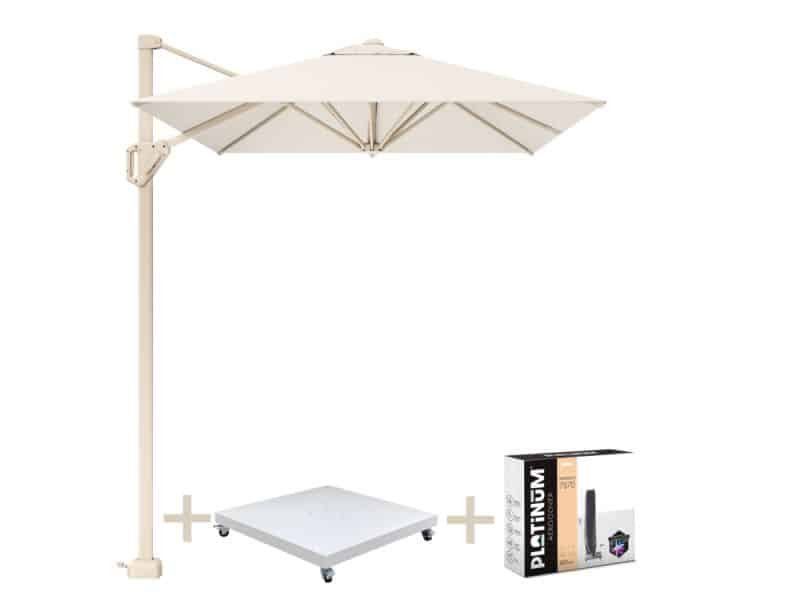 Voyager T1 zweefparasol 250x250 cm sandstone Ivory met zandkleur 90kg voet en hoes
