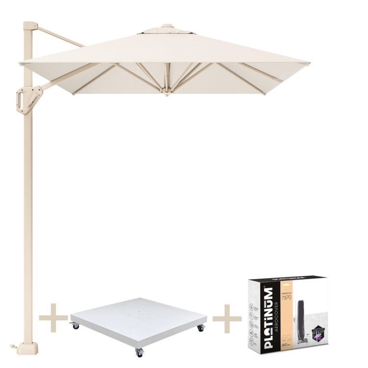 voyager t1 zweefparasol 250×250 cm sandstone ivory met zandkleur 90kg voet en hoes
