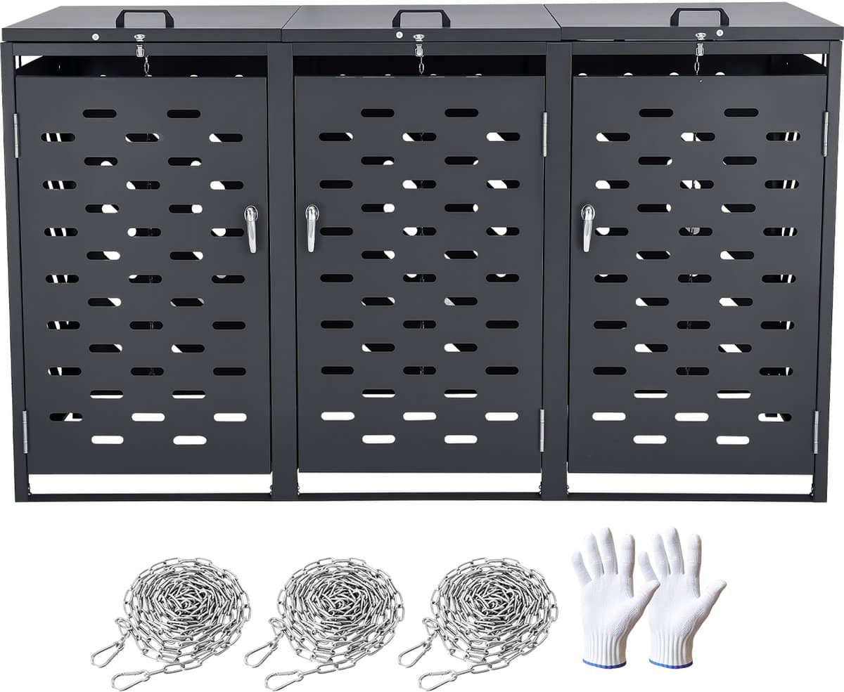 vuilnisbakopslag, 3 x 52,79 gallon buitenvuilnisbak, waterdichte afsluitbare kast met kettingdeksel