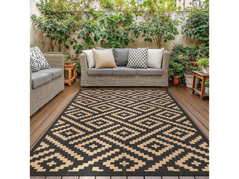 Waterdicht Omkeerbaar Buitenkleed 275x365cm - Ruit Zwart Bruin voor Tuin, Balkon, Camper