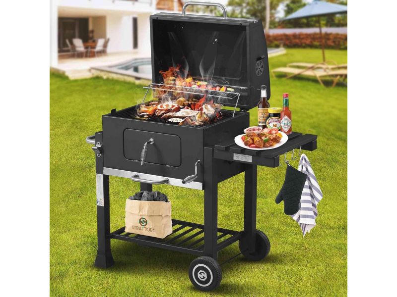 XL Houtskoolgrill BBQ-Grillwagen met Verstelbare Standaard - Vierkante Barbecue