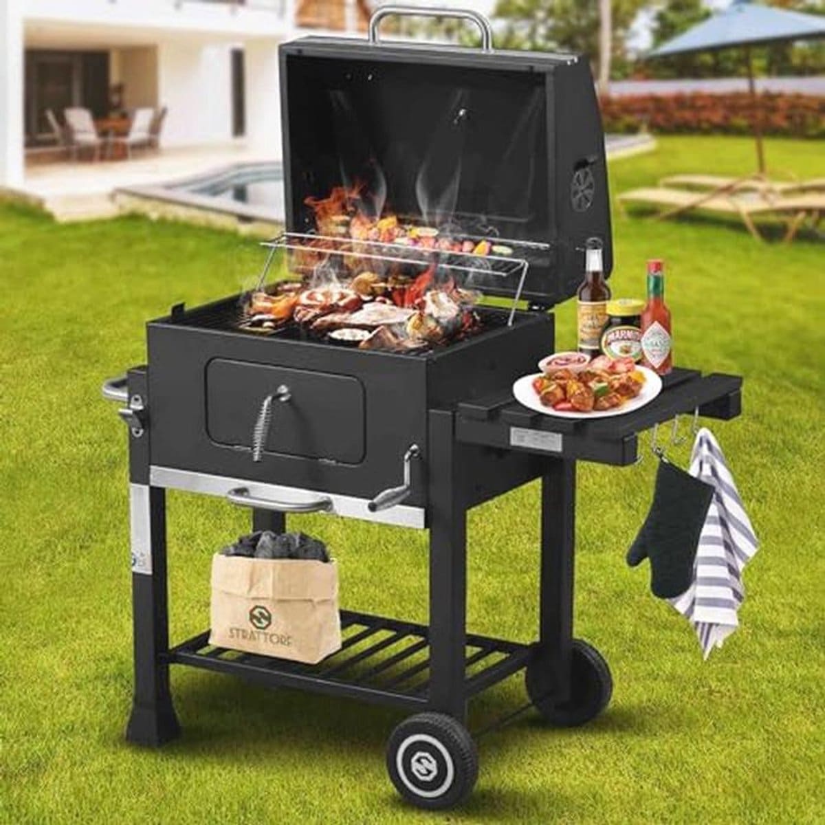xl houtskoolgrill bbq grillwagen met verstelbare standaard vierkante barbecue
