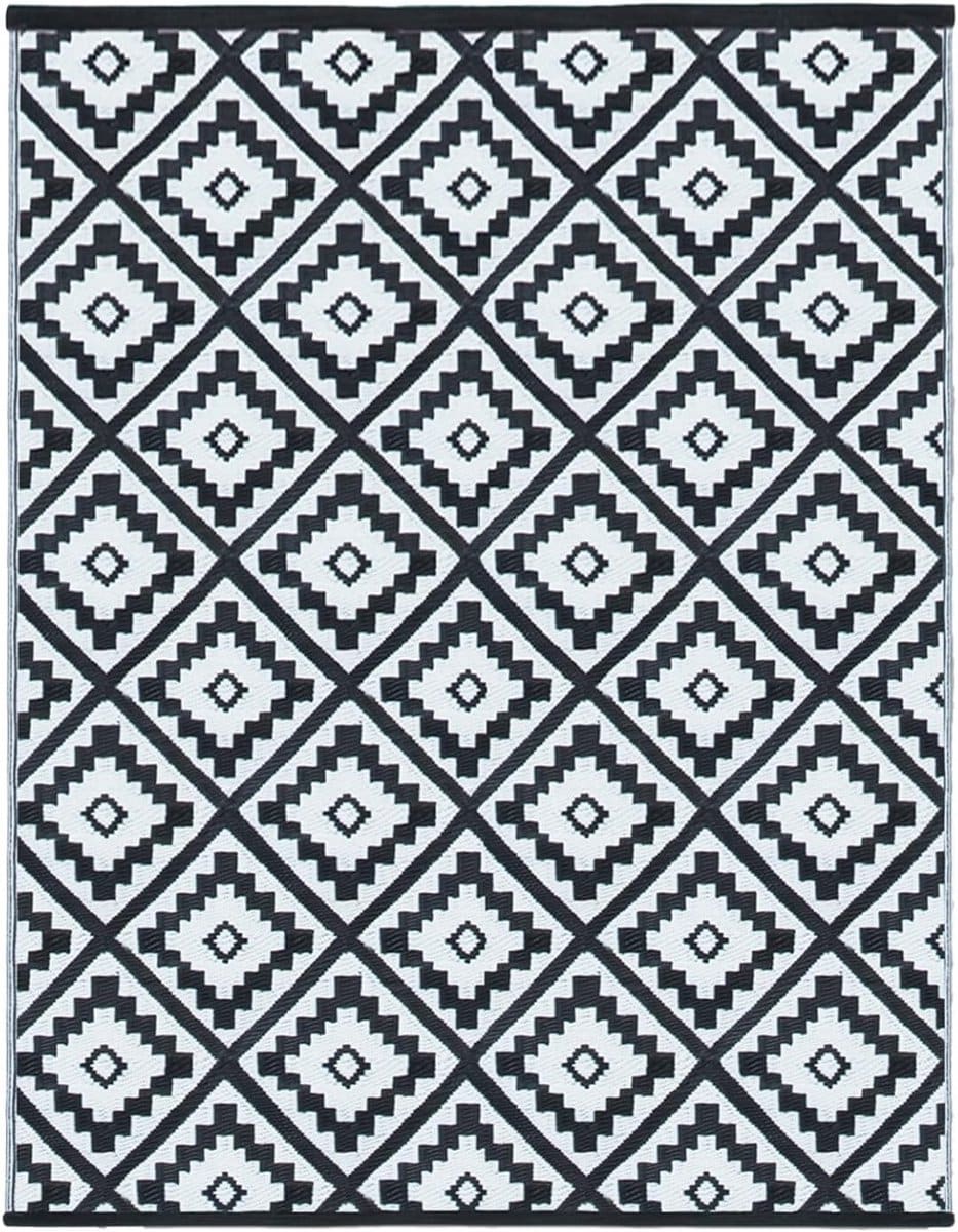 zwart wit geometrisch buitentapijt 270 x 370 cm duurzaam tuinkleed