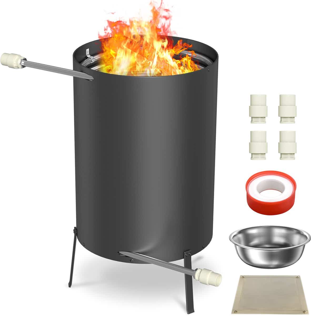 zwembadverwarming feuertonne rvs 28l poolverwarmer op hout en kolen zonder elektriciteit 32mm 38mm aansluiting met asopvang en beschermmat