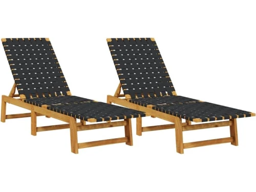 2 Stuks Verstelbare Ligbedden Massief Acaciahout Zwart - Tuinligstoelen Outdoor