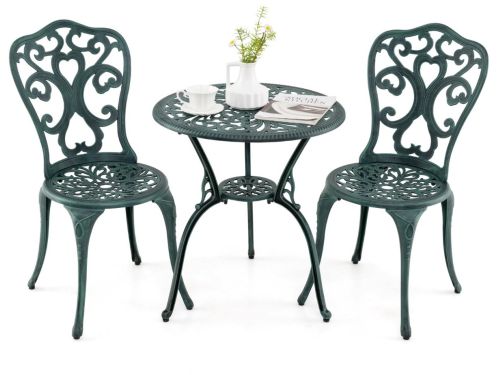3-DELIG Tuinmeubelset Aluminiumgietwerk Bistrotafel met 2 Stoelen Weerbestendige Balkonset Groen