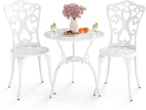 3-DELIG Tuinmeubelset Aluminiumgietwerk Bistrotafel met 2 Stoelen Weerbestendige Balkonset Wit