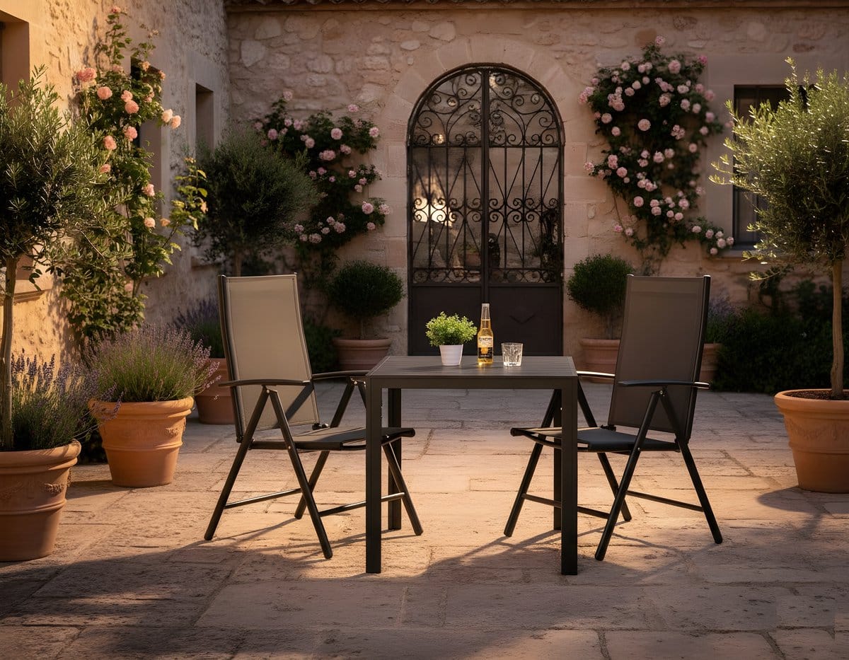 3 delige aluminium tuinmeubelset met verstelbare klapstoelen & wpc tafel 75x75x72