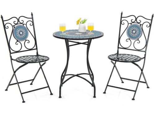 3-Delige Bistroset Metaal met Mozaïekpatroon Ronde Tafel en 2 Klapstoelen