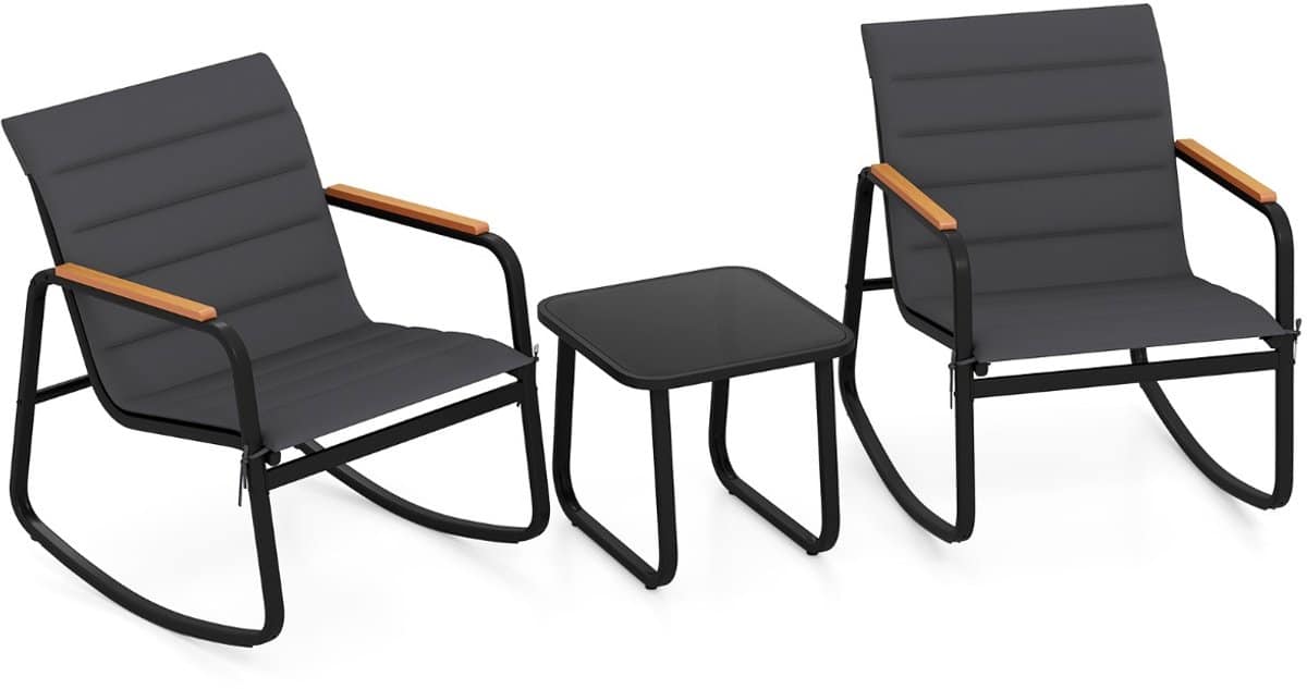 3 delige bistroset voor buiten schommelstoelen met tafel van gehard glas