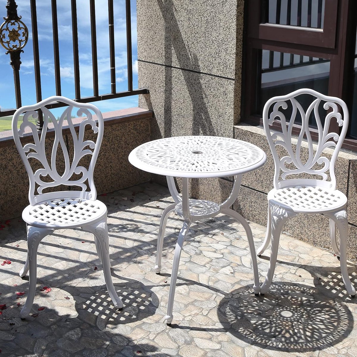 3 delige buiten bistroset terrasstoelen en tafel gegoten aluminium wit