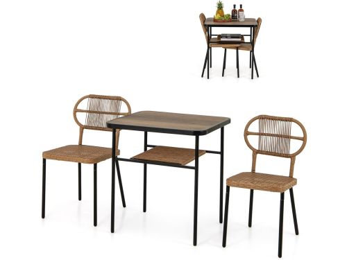 3-delige Polyrotan Bistroset Tuinset met Stapelbare Stoelen en Opbergruimte