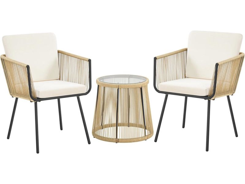 3-delige rotan balkonset met comfortabele kussens en ronde tafel