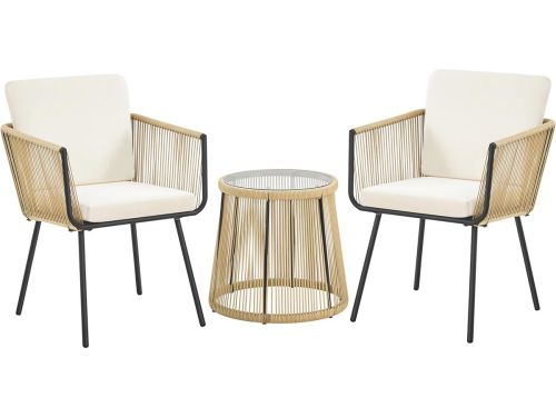 3-delige rotan balkonset met comfortabele kussens en ronde tafel