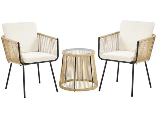 3-delige rotan balkonset met comfortabele kussens en ronde tafel