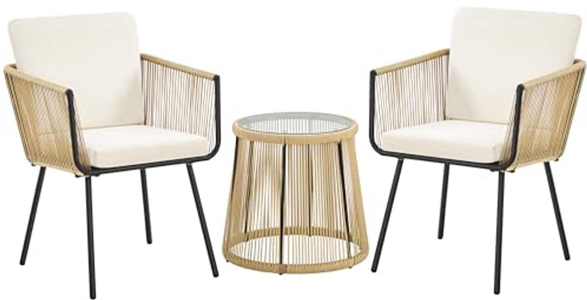 3 delige rotan balkonset met comfortabele kussens en ronde tafel