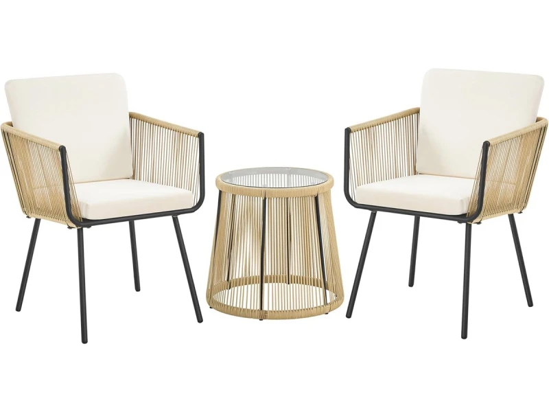 3-delige rotan balkonset met comfortabele kussens en ronde tafel