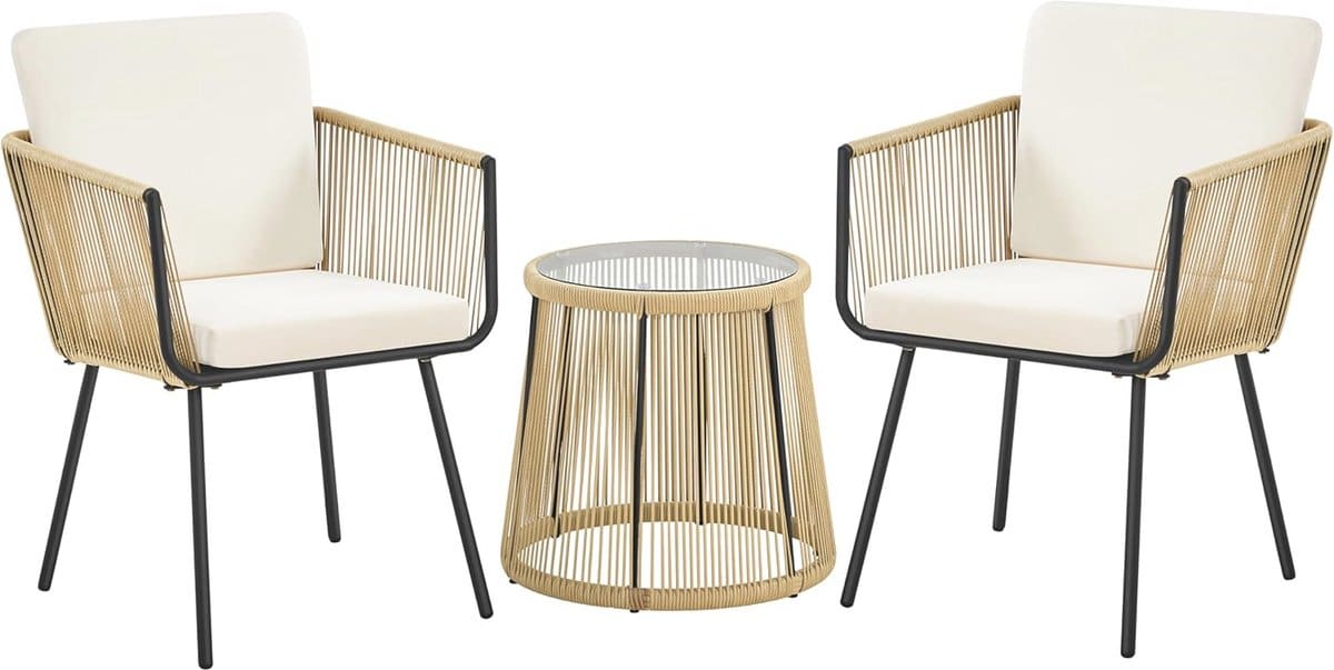 3 delige rotan balkonset met comfortabele kussens en ronde tafel