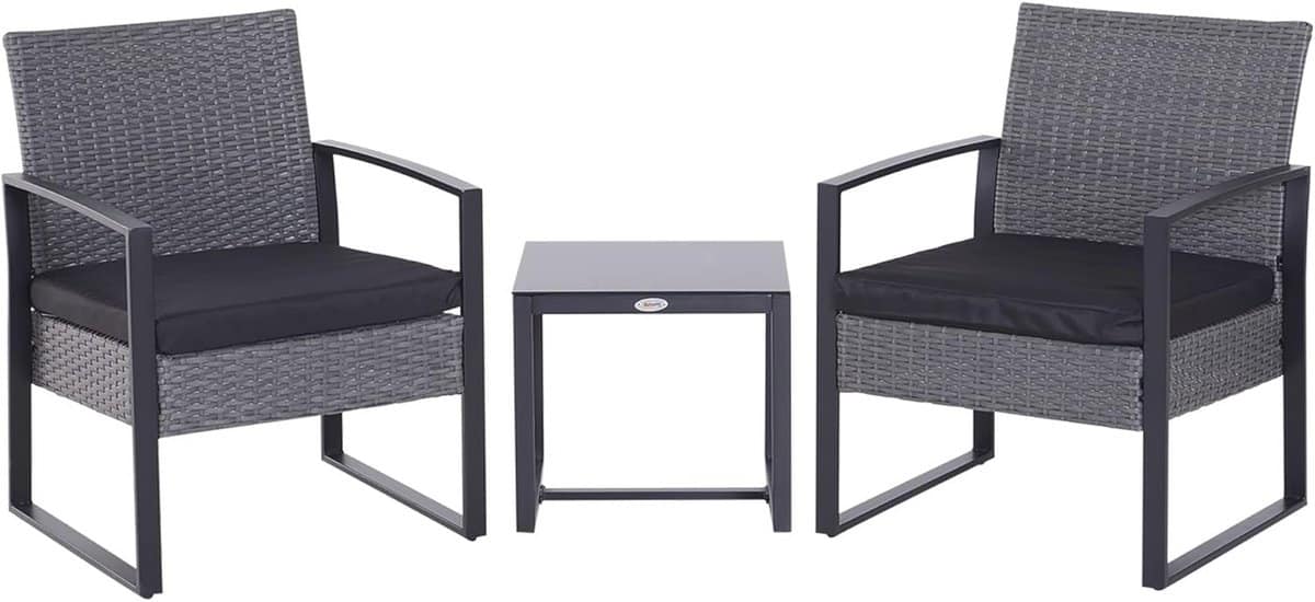 3 delige rotan bistroset met glazen tafelblad en comfortabele stoelen voor