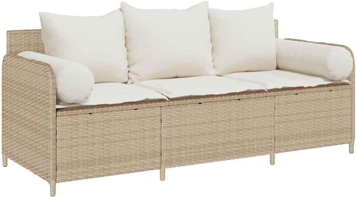 3 zits tuinbank met kussens poly rattan beige