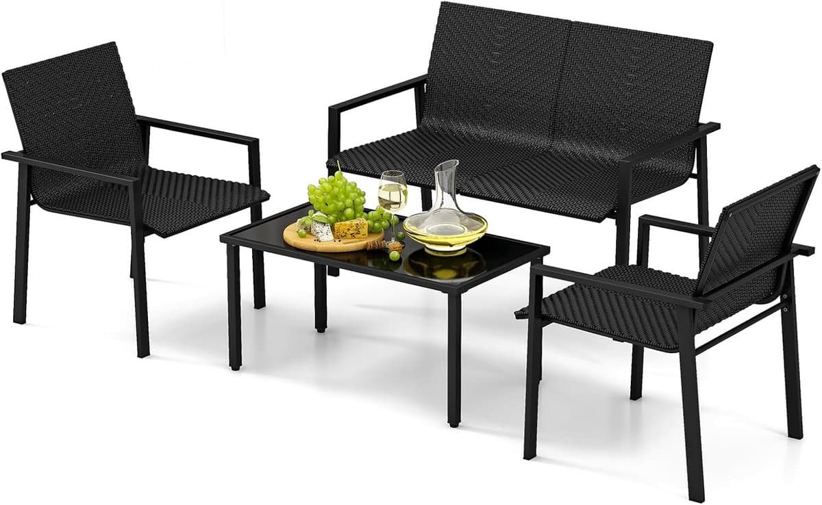 4 delige loungeset tuinmeubelen polyrattan inclusief bank, 2 stoelen en
