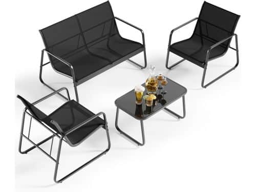 4-delige terrasmeubelset voor buiten met loveseat en glazen salontafel