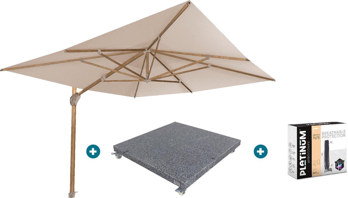 4-Seasons zweefparasol Hacienda 300 x 400 – Woodlook/Sand met voet