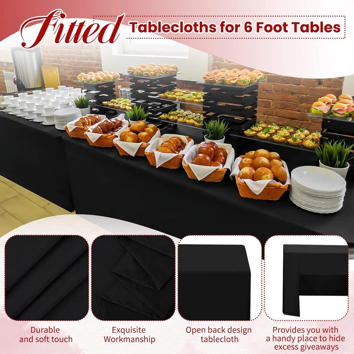 4x zwart tafelkleed 180 cm open rug universele pasvorm