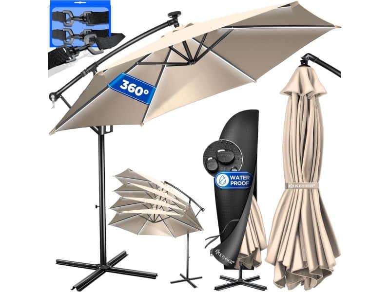 Aluminium zweefparasol met LED-verlichting en windbeveiliging, verstelbaar en waterafstotend