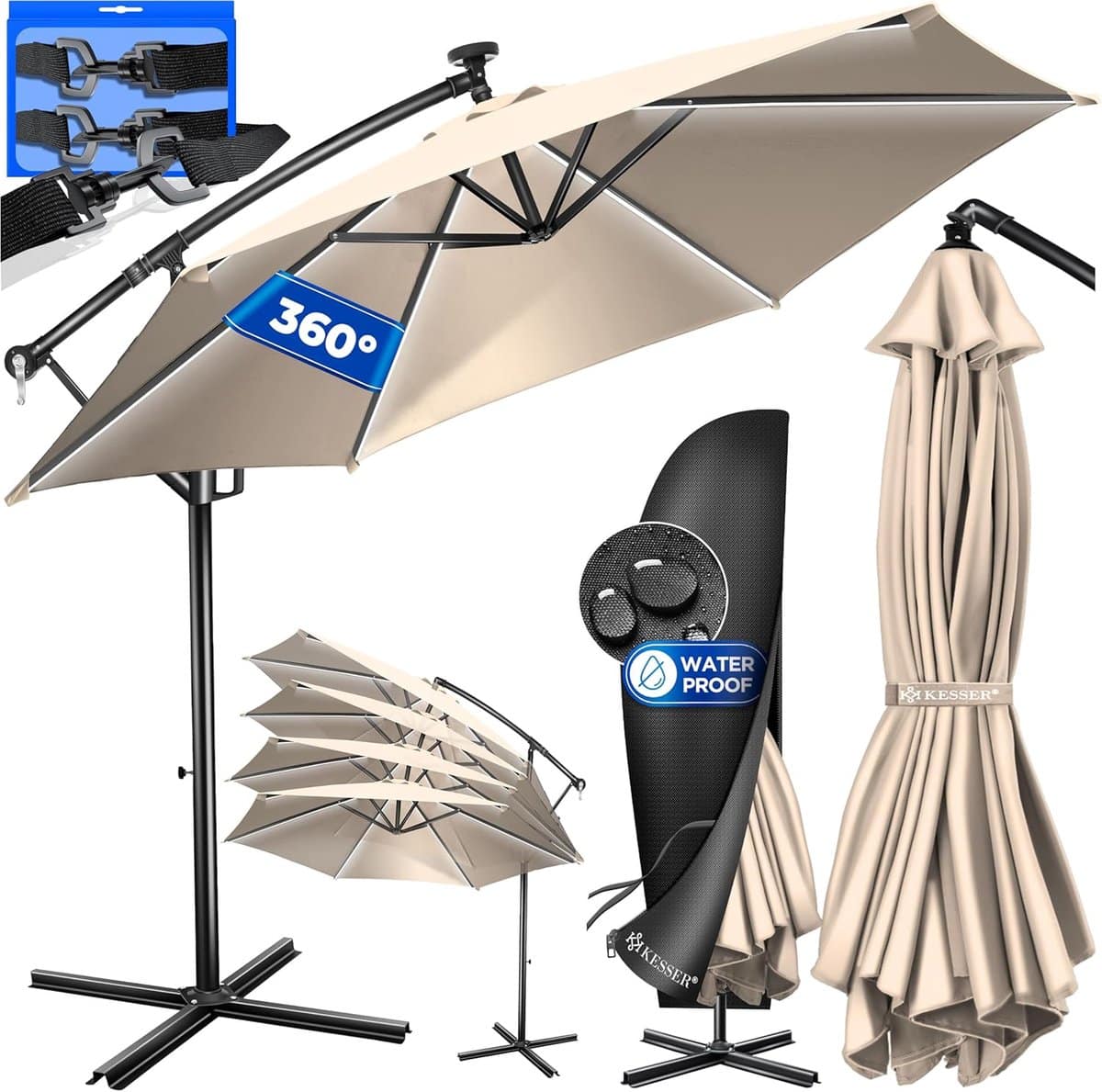 aluminium zweefparasol met led verlichting en windbeveiliging, verstelbaar en waterafstotend