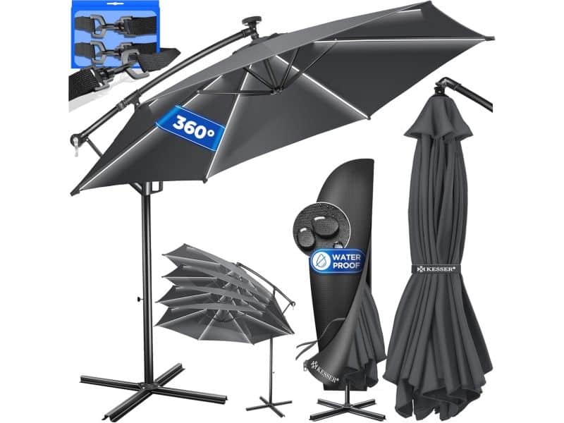 Aluminium zweefparasol met ledverlichting en zonne-energie, Ø 350 cm