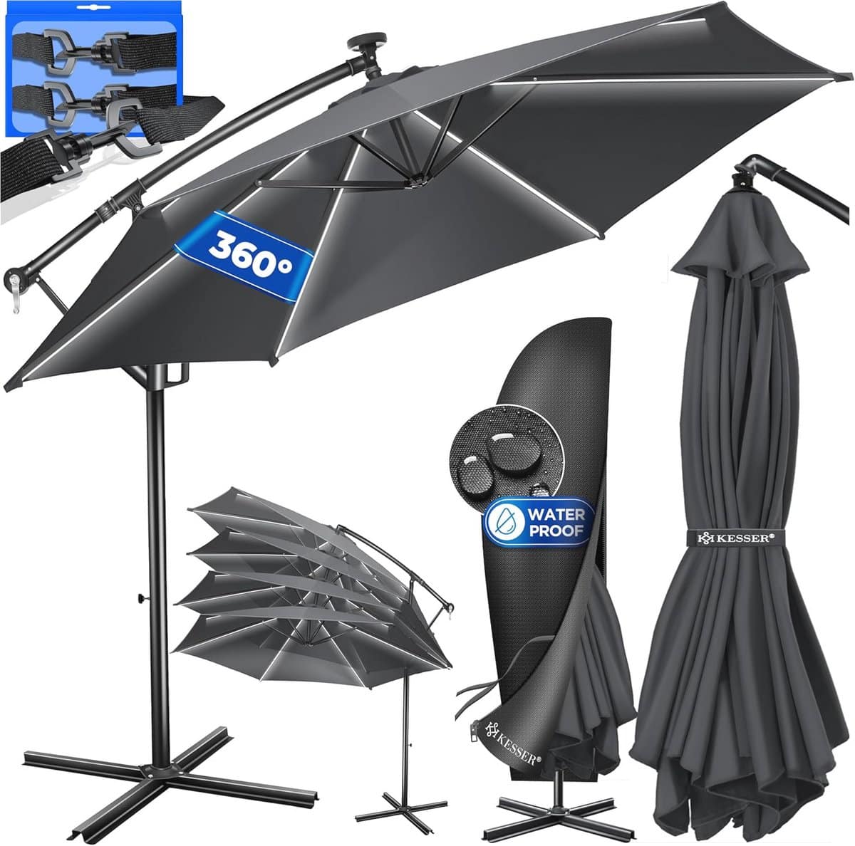 aluminium zweefparasol met ledverlichting en zonne energie, Ø 350 cm