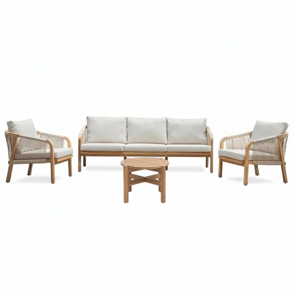 bergamo stoel bank loungeset 5 personen incl. koffietafel 60cm | touw + hardhout | zand | 5 delig