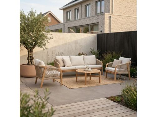 Bergamo stoel-bank loungeset 5 personen incl. koffietafel 80cm | touw + hardhout | zand | 5-delig