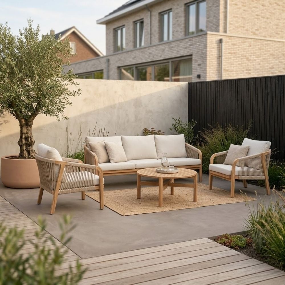 bergamo stoel bank loungeset 5 personen incl. koffietafel 80cm | touw + hardhout | zand | 5 delig