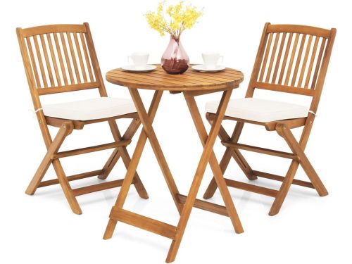 Bistroset met inklapbare tafel en stoelen van acaciahout met kussens